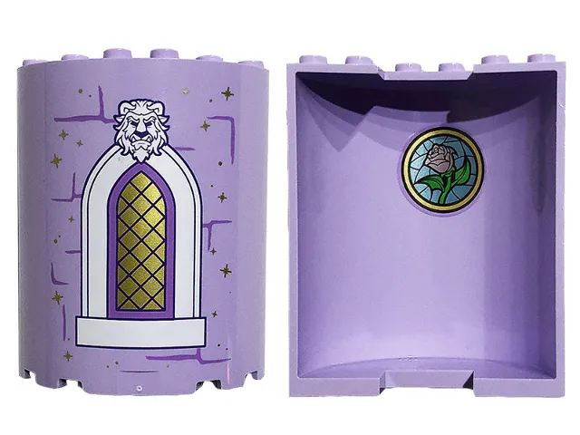 Cylinder Half 3 x 6 x 6 with 1 x 2 Cutout with Bricks, Gold Stars, Lattice Window and Beast Head on Outside and Metallic Pink Rose on Metallic Light Blue Stained Glass on Inside Pattern (Stickers) - Set 43196