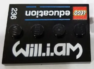 Tile, Modified 3 x 4 with 4 Studs in Center with 'LEGO education' 'will.i.am' and 3-Digit Number Pattern (number varies)