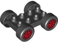 Duplo Car Base 2 x 4 with Black Tires and Red Rally Wheels Pattern (88760 / 88762c01pb01)