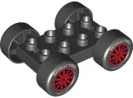 Duplo Car Base 2 x 4 with Black Tires and Red Spokes, 'ROTELLI TIRES' and 'PASTA POTENZA' Wheels Pattern (88760 / 88762c01pb10)