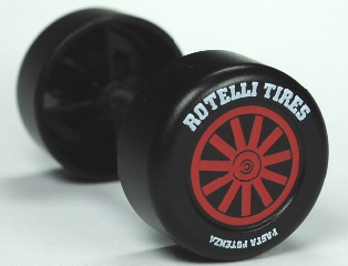 Duplo Wheel Double Assembly with Metal Axle and Red Spokes, 'ROTELLI TIRES' and 'PASTA POTENZA' Pattern