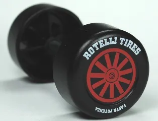 Duplo Wheel Double Assembly with Metal Axle and Red Spokes, 'ROTELLI TIRES' and 'PASTA POTENZA' Pattern