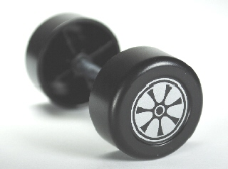 Duplo Wheel Double Assembly with Metal Axle and 7 Black Spokes and Silver Hubcap Pattern