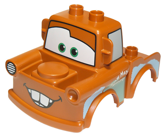 Duplo Car Body 2 Top Studs Truck with Cars Tow Mater Black Window Outline and 6 Teeth Pattern