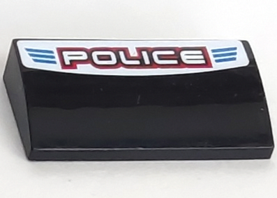 Slope, Curved 2 x 4 x 2/3 with Bottom Tubes with Blue Lines and 'POLICE' with Red Outline on White Background Pattern (Sticker) - Set 8301