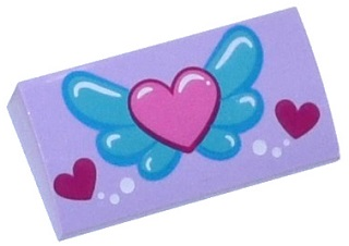 Slope, Curved 2 x 4 x 2/3 with Bottom Tubes with Pink Heart on Blue Wings, White Circles and 2 Magenta Hearts Pattern