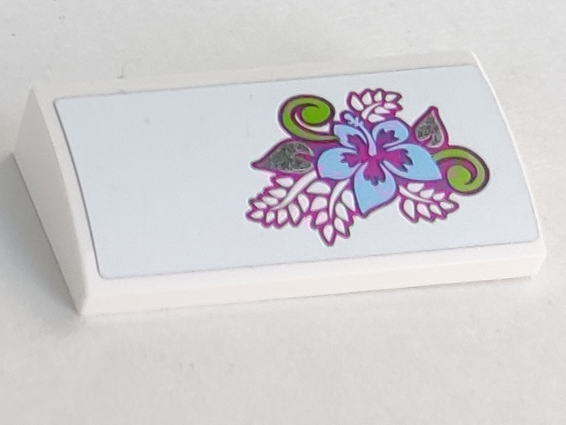 Slope, Curved 2 x 4 x 2/3 with Bottom Tubes with Bright Light Blue, Lime and Magenta Flower and Leaves Pattern (Sticker) - Set 41058