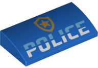 Slope, Curved 2 x 4 x 2/3 with Bottom Tubes with Bright Light Blue and White 'POLICE', Gold Star Badge Logo Pattern