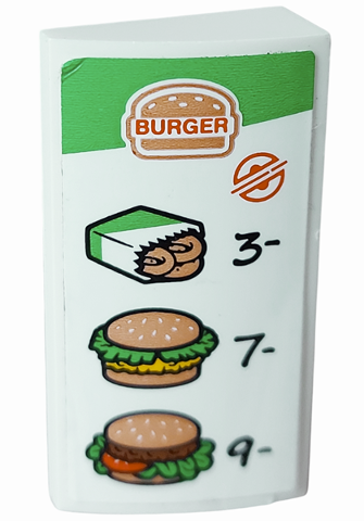 Slope, Curved 2 x 4 x 2/3 with Bottom Tubes with Menu, 'BURGER', Onion Rings, Chicken Sandwich, Hamburger, '3-', '7-', and '9-' Pattern (Sticker) - Set 60214