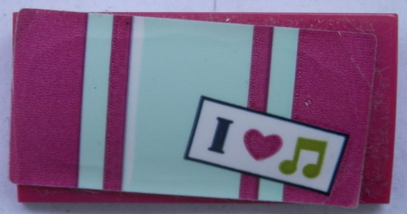 Slope, Curved 2 x 4 x 2/3 with Bottom Tubes with Light Aqua Stripes, 'I', Magenta Heart and Musical Note Pattern (Sticker) - Set 41316