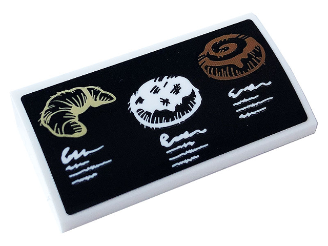 Slope, Curved 2 x 4 x 2/3 with Bottom Tubes with Tan Croissant, White Donut / Doughnut, and Reddish Brown Cake on Black Background Pattern (Sticker) - Set 60233