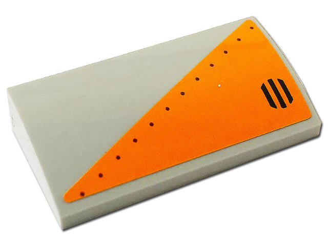 Slope, Curved 2 x 4 x 2/3 with Bottom Tubes with Orange Triangle with Rivets and Black Grille Pattern Model Left Side (Sticker) - Set 76193