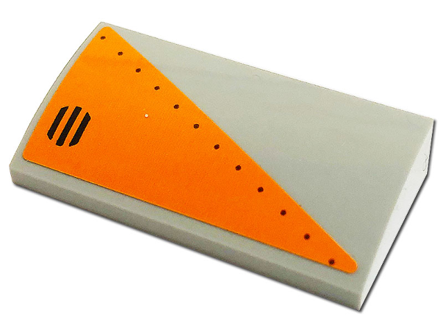 Slope, Curved 2 x 4 x 2/3 with Bottom Tubes with Orange Triangle with Rivets and Black Grille Pattern Model Right Side (Sticker) - Set 76193