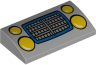 Slope, Curved 2 x 4 x 2/3 with Bottom Tubes with Yellow Car Headlights and Silver Grille with Blue Border Pattern