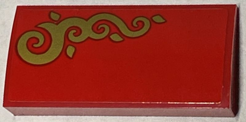 Slope, Curved 2 x 4 x 2/3 with Bottom Tubes with Gold Scrollwork on Red Background Pattern Model Left Side (Sticker) - Set 40499