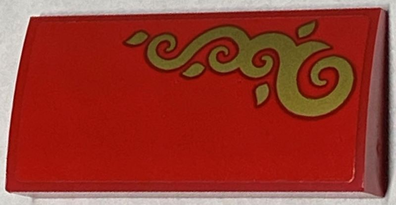 Slope, Curved 2 x 4 x 2/3 with Bottom Tubes with Gold Scrollwork on Red Background Pattern Model Right Side (Sticker) - Set 40499