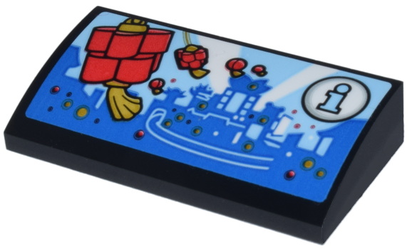 Slope, Curved 2 x 4 x 2/3 with Bottom Tubes with City of Lanterns Skyline, Red and Gold Lanterns, and White 'i' Circle Pattern (Sticker) - Set 80036