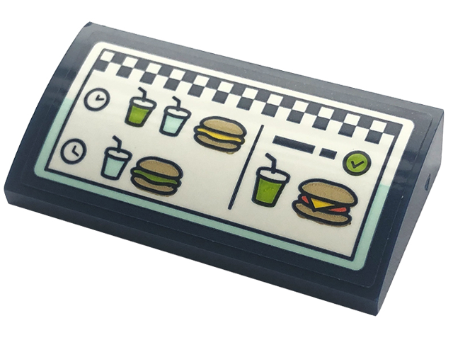 Slope, Curved 2 x 4 x 2/3 with Bottom Tubes with Menu with Drinks, Hamburgers and Checkered Stripe on White Background Pattern (Sticker) - Set 41728