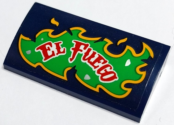 Slope, Curved 2 x 4 x 2/3 with Bottom Tubes with Red and White 'EL FUEGO' on Bright Green and Bright Light Orange Flames Pattern Model Left Side (Sticker) - Set 70429