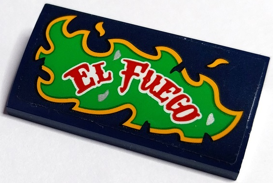 Slope, Curved 2 x 4 x 2/3 with Bottom Tubes with Red and White 'EL FUEGO' on Bright Green and Bright Light Orange Flames Pattern Model Right Side (Sticker) - Set 70429