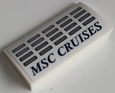 Slope, Curved 2 x 4 x 2/3 with Bottom Tubes with 20 Silver Windows with Dark Blue Outlines and 'MSC CRUISES' Pattern (Sticker) - Set 40318