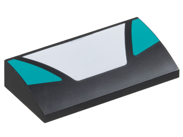 Slope, Curved 2 x 4 x 2/3 with Bottom Tubes with White Trapezoid in Center and Dark Turquoise Triangular Panels on Sides Pattern