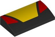 Slope, Curved 2 x 4 x 2/3 with Bottom Tubes with Yellow Trapezoid in Center and Red Triangular Panels on Sides Pattern