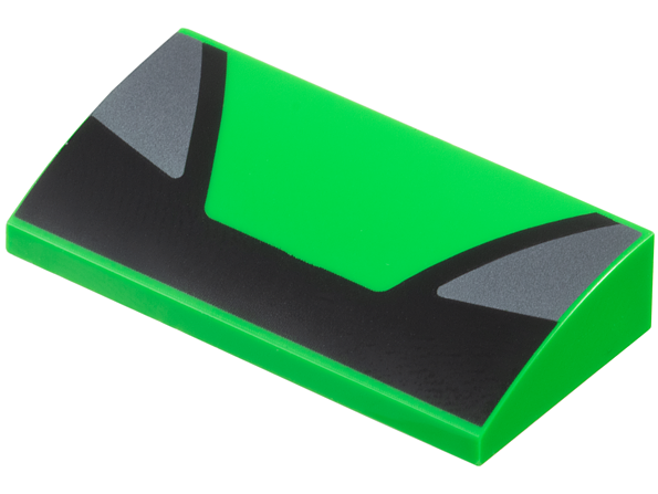 Slope, Curved 2 x 4 x 2/3 with Bottom Tubes with Trapezoid in Center and Dark Silver Triangular Panels on Sides on Black Background Pattern