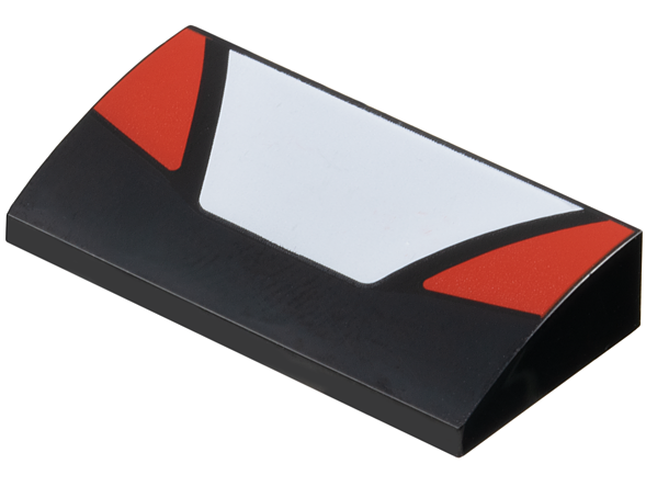 Slope, Curved 2 x 4 x 2/3 with Bottom Tubes with White Trapezoid in Center and Red Triangular Panels on Sides Pattern