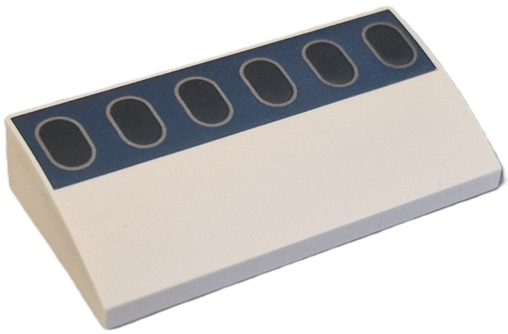 Slope, Curved 2 x 4 x 2/3 with Bottom Tubes with Black Windows with Silver Outlines on Dark Blue Stripe Pattern