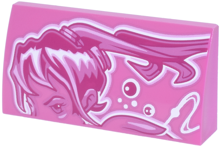 Slope, Curved 2 x 4 x 2/3 with Bottom Tubes with White, Magenta and Bright Pink Female Upper Face, Hair, Curved Lines and Dots Pattern Model Left Side