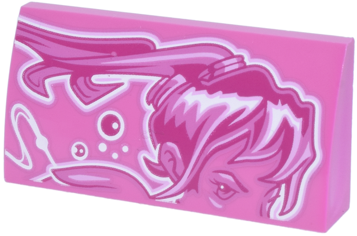 Slope, Curved 2 x 4 x 2/3 with Bottom Tubes with White, Magenta and Bright Pink Female Upper Face, Hair, Curved Lines and Dots Pattern Model Right Side