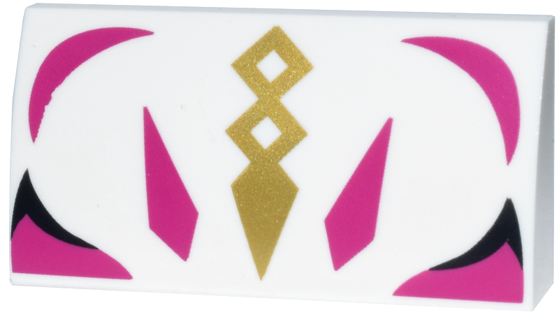 Slope, Curved 2 x 4 x 2/3 with Bottom Tubes with Magenta, Gold and Black Mask Features, Diamonds and Curved Lines Pattern (BrickHeadz Drift Upper Face)