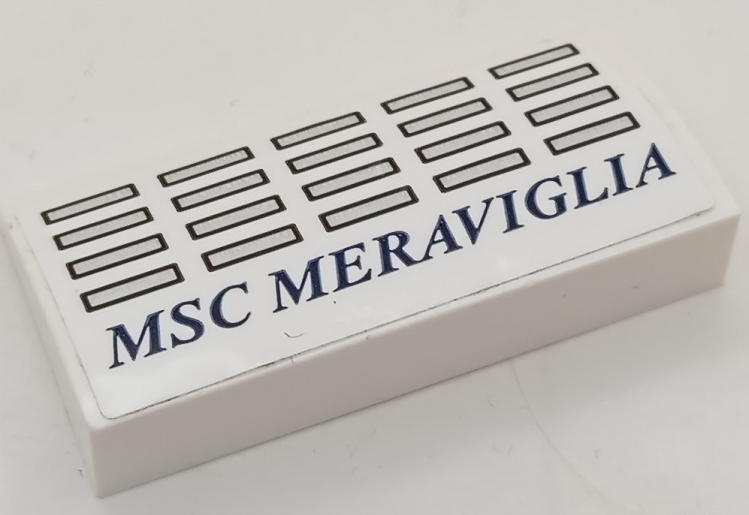 Slope, Curved 2 x 4 x 2/3 with Bottom Tubes with 20 Silver Windows with Dark Blue Outlines and 'MSC MERAVIGLIA' Pattern (Sticker) - Set 40227