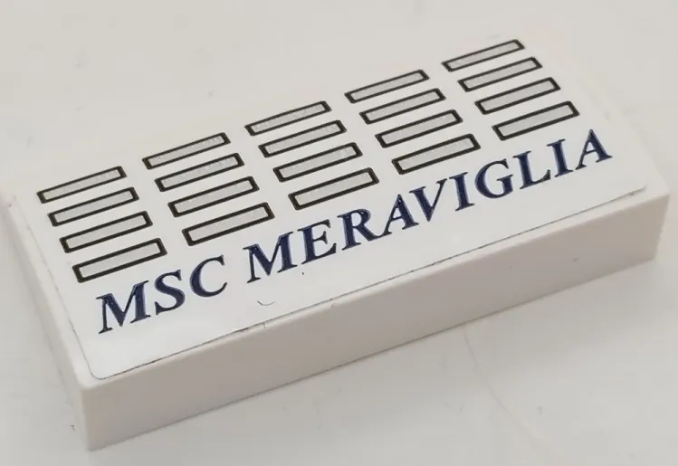 Slope, Curved 2 x 4 x 2/3 with Bottom Tubes with 20 Silver Windows with Dark Blue Outlines and 'MSC MERAVIGLIA' Pattern (Sticker) - Set 40227