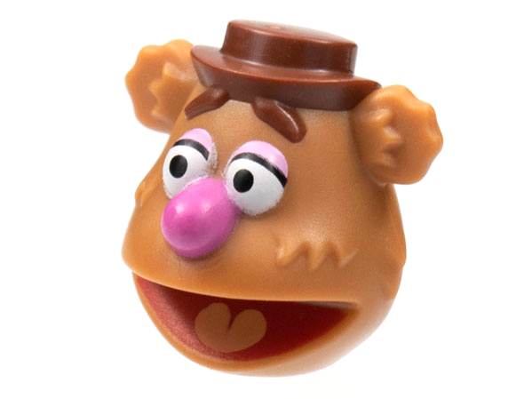 Minifigure, Head, Modified Muppet Fozzie, Reddish Brown Hat and Eyebrows, Dark Pink Nose Pattern