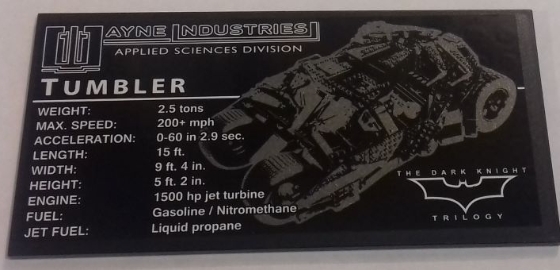 Tile 8 x 16 with Bottom Tubes, Textured Surface with 'WAYNE INDUSTRIES APPLIED SCIENCES DIVISION', 'TUMBLER' and Vehicle Specifications Pattern (Sticker) - Set 76023