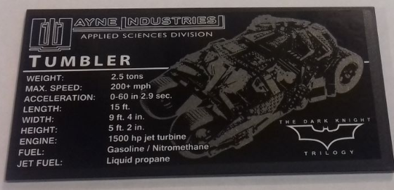 Tile 8 x 16 with Bottom Tubes, Textured Surface with 'WAYNE INDUSTRIES APPLIED SCIENCES DIVISION', 'TUMBLER' and Vehicle Specifications Pattern (Sticker) - Set 76023