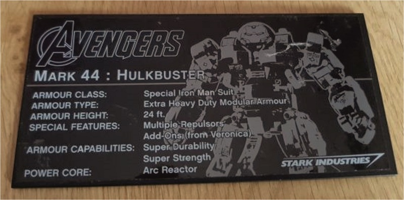 Tile 8 x 16 with Bottom Tubes, Textured Surface with Avengers Logo, 'MARK 44 : HULKBUSTER', Details, and Stark Industries Logo Pattern (Sticker) - Set 76105