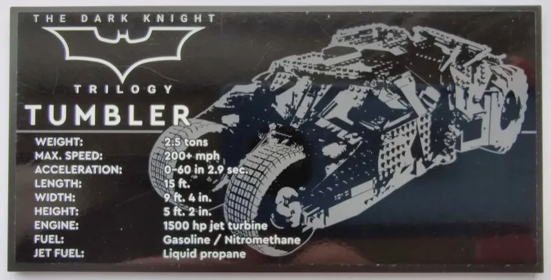 Tile 8 x 16 with Bottom Tubes, Textured Surface with Batman Logo, 'THE DARK KNIGHT TRILOGY' and 'TUMBLER' Pattern (Sticker) - Set 76240