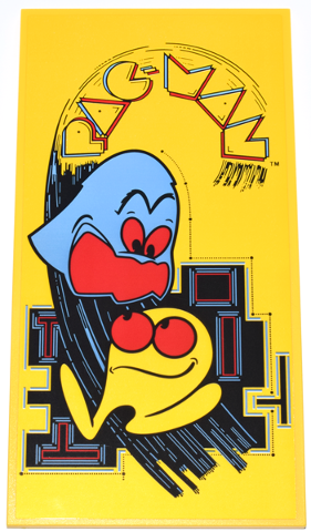 Tile 8 x 16 with Bottom Tubes, Textured Surface with Outline 'PAC-MAN' Logo and Yellow PAC-MAN and Medium Blue Ghost (Inky) Characters with Red Eyes and Open Mouth on Black Maze Pattern (Sticker) - Set 10323