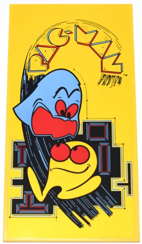 Tile 8 x 16 with Bottom Tubes, Textured Surface with Outline 'PAC-MAN' Logo and Yellow PAC-MAN and Medium Blue Ghost (Inky) Characters with Red Eyes and Open Mouth on Black Maze Pattern (Sticker) - Set 10323
