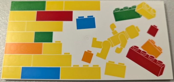 Tile 8 x 16 with Bottom Tubes, Textured Surface with Yellow, Orange, Dark Azure, Red and Bright Green Bricks, Brick Wall and Minifigure Pattern Model Left Side