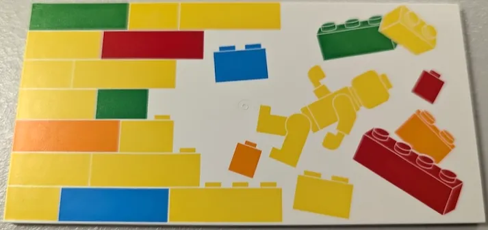 Tile 8 x 16 with Bottom Tubes, Textured Surface with Yellow, Orange, Dark Azure, Red and Bright Green Bricks, Brick Wall and Minifigure Pattern Model Left Side