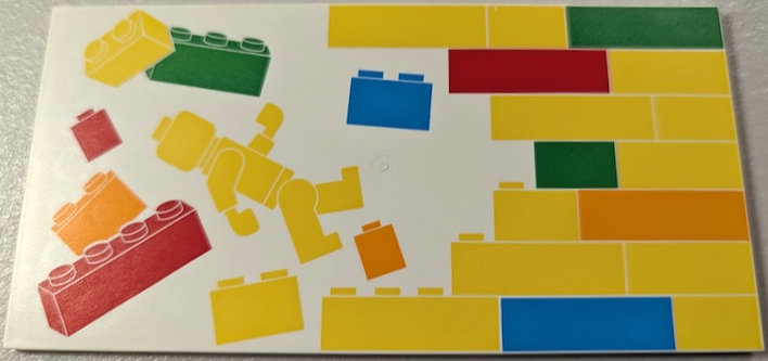 Tile 8 x 16 with Bottom Tubes, Textured Surface with Yellow, Orange, Dark Azure, Red and Bright Green Bricks, Brick Wall and Minifigure Pattern Model Right Side