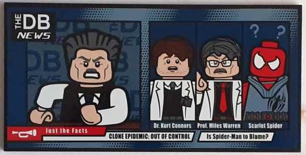 Tile 8 x 16 with Bottom Tubes, Textured Surface with 'THE DB NEWS', 'Just the Facts', 'CLONE EPIDEMIC: OUT OF CONTROL', 'Is Spider-Man to Blame?', 'Dr. Kurt Connors', 'Prof. Miles Warren', 'Scarlet Spider' and Minifigures Pattern (Sticker) - Set 76178