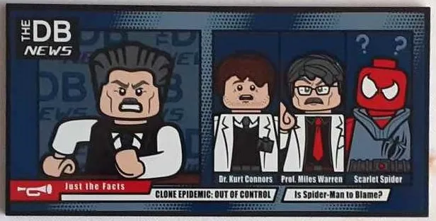 Tile 8 x 16 with Bottom Tubes, Textured Surface with 'THE DB NEWS', 'Just the Facts', 'CLONE EPIDEMIC: OUT OF CONTROL', 'Is Spider-Man to Blame?', 'Dr. Kurt Connors', 'Prof. Miles Warren', 'Scarlet Spider' and Minifigures Pattern (Sticker) - Set 76178
