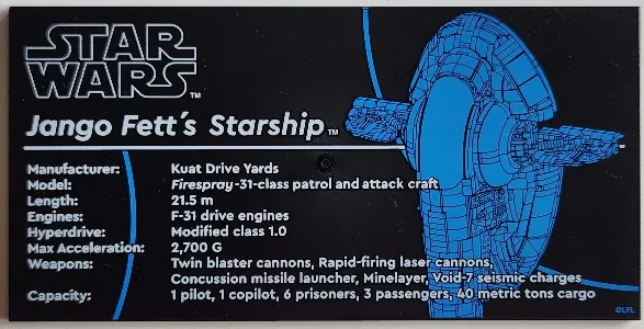 Tile 8 x 16 with Bottom Tubes, Textured Surface with Star Wars Jango Fett's Starship Pattern