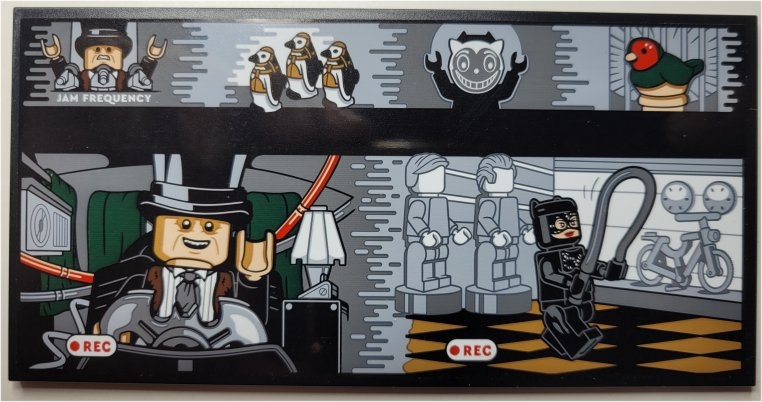 Tile 8 x 16 with Bottom Tubes, Textured Surface with Screen with The Penguin and Catwoman Minifigures, 'JAM FREQUENCY' and 'REC' Pattern (Sticker) - Set 76252