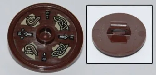 Minifigure, Shield Circular / Round Rimmed Face with Stud with Dragon Heads and Knots Pattern